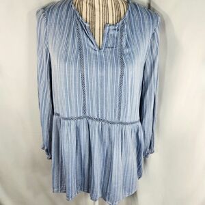 Fever Blue & White Striped Whistler's Long Sleeve Ladder Lace BOHO Top Sz Small
